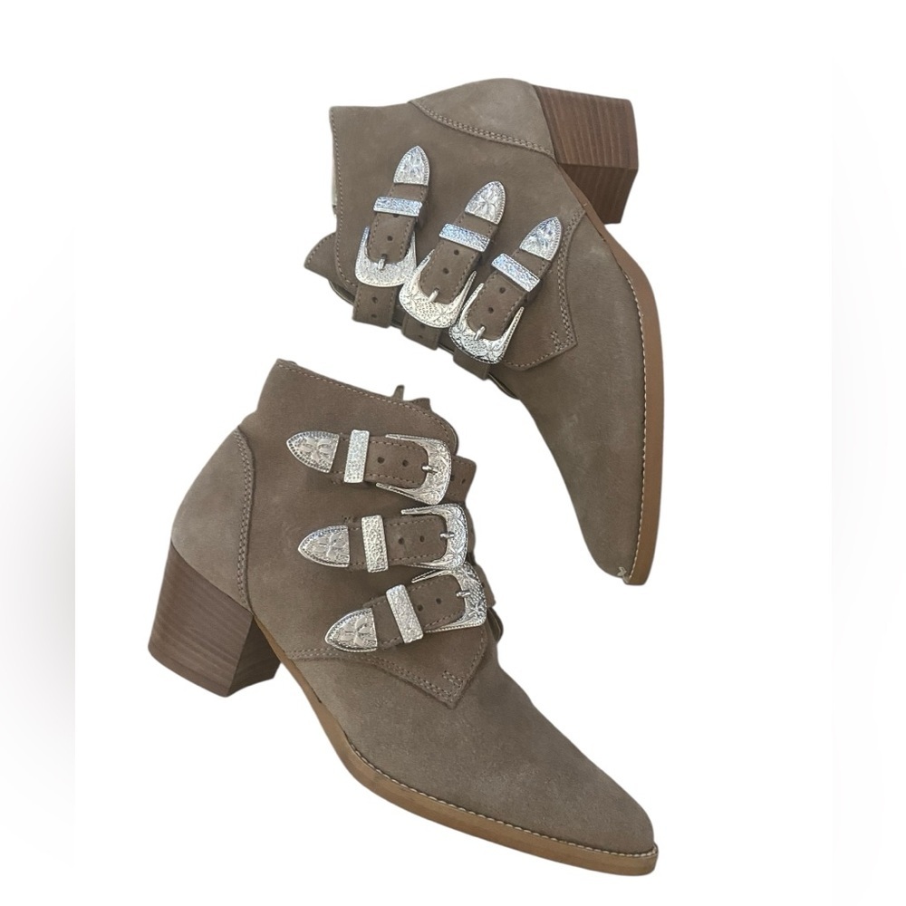 ASOS Triple Buckle Suede Western Ankle Boots Taupe Size 5 | Made in Italy